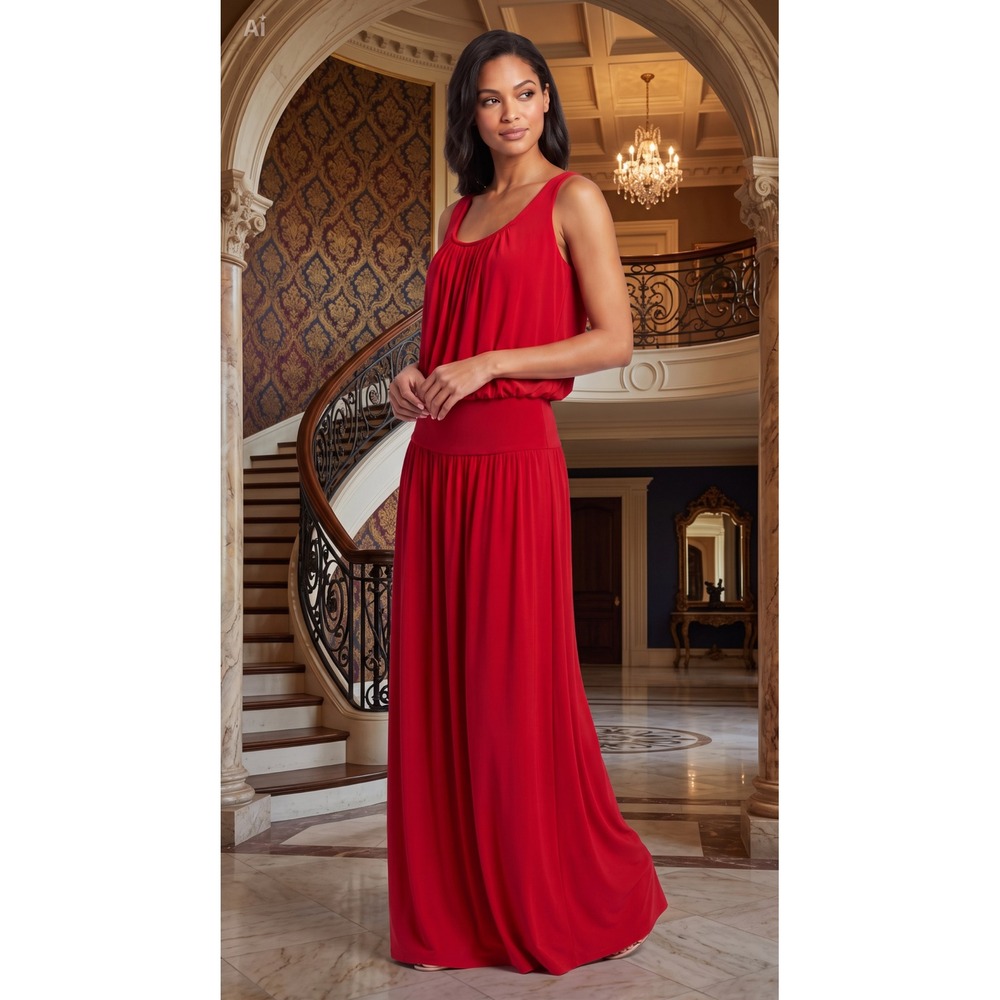 Julian Chang Red Blouson Maxi Dress Sleeveless Smocked Waist Womens Large USA
